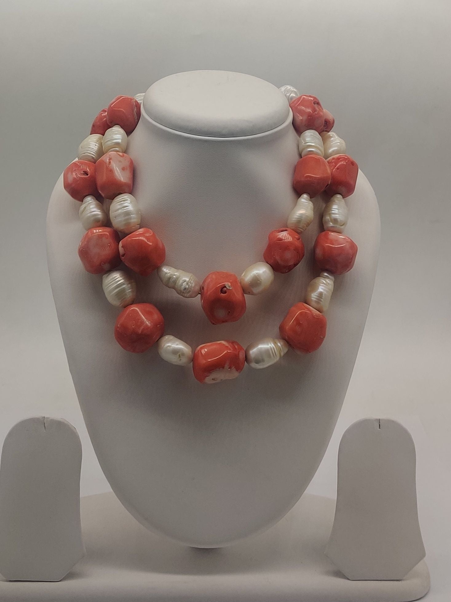 Ocean Ember � Coral & Pearl Double-Strand Necklace