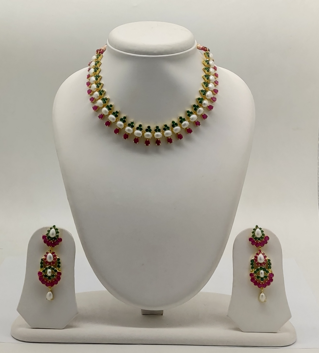 Fresh water pearl Necklace with pink and green stones