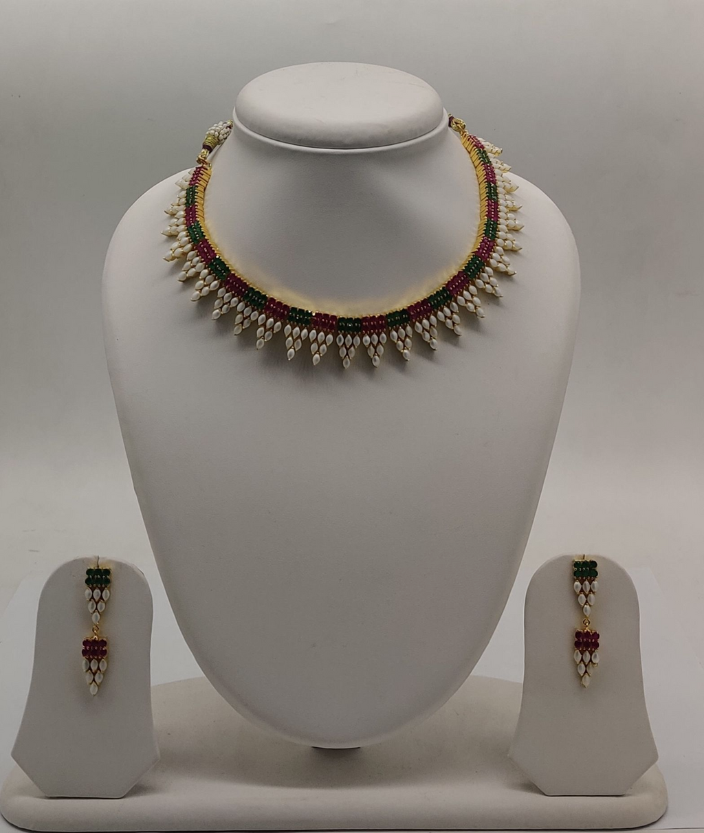 Fresh water pearl Necklace with pink and green stones