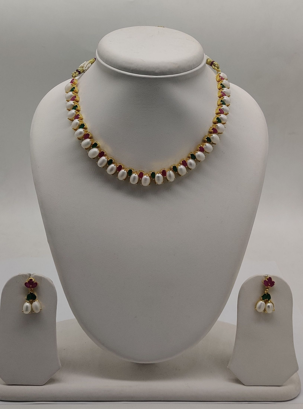 Fresh water pearl Necklace with pink and green stones
