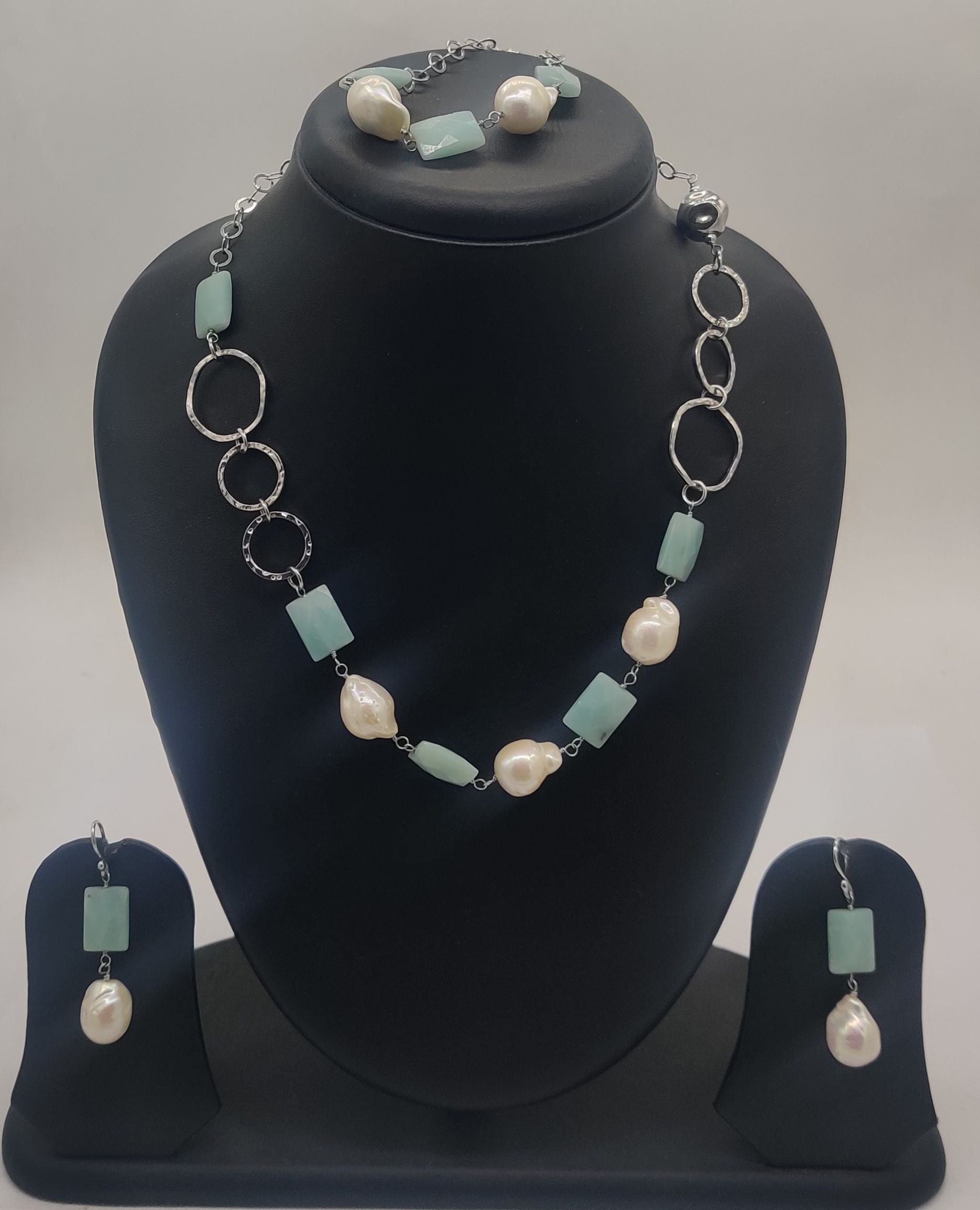 Ocean Mist Pearl & Aquamarine Jewelry Silver Necklace Set