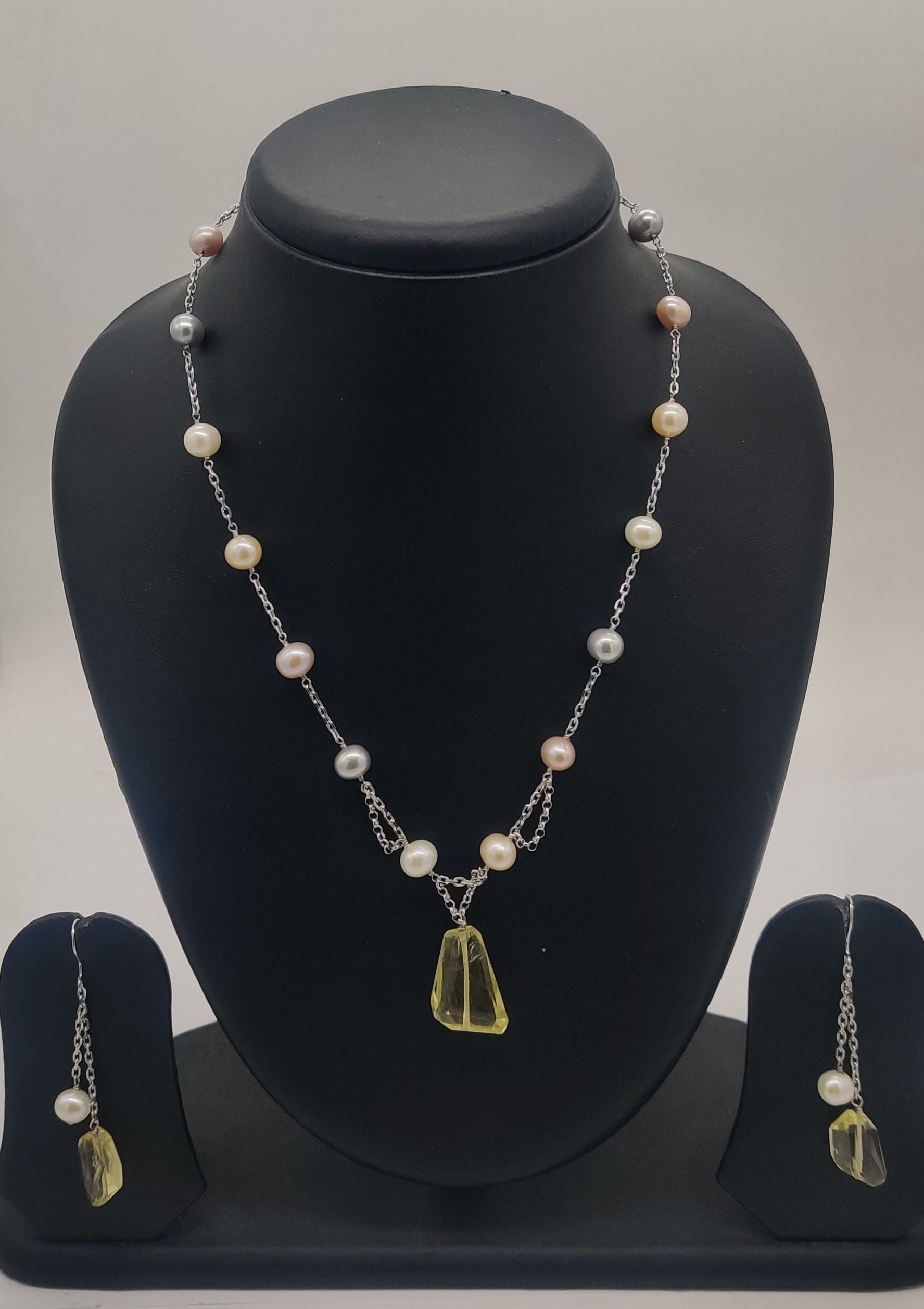 Radiance Pearl & Yellow Gemstone Jewelry Silver Necklace Set