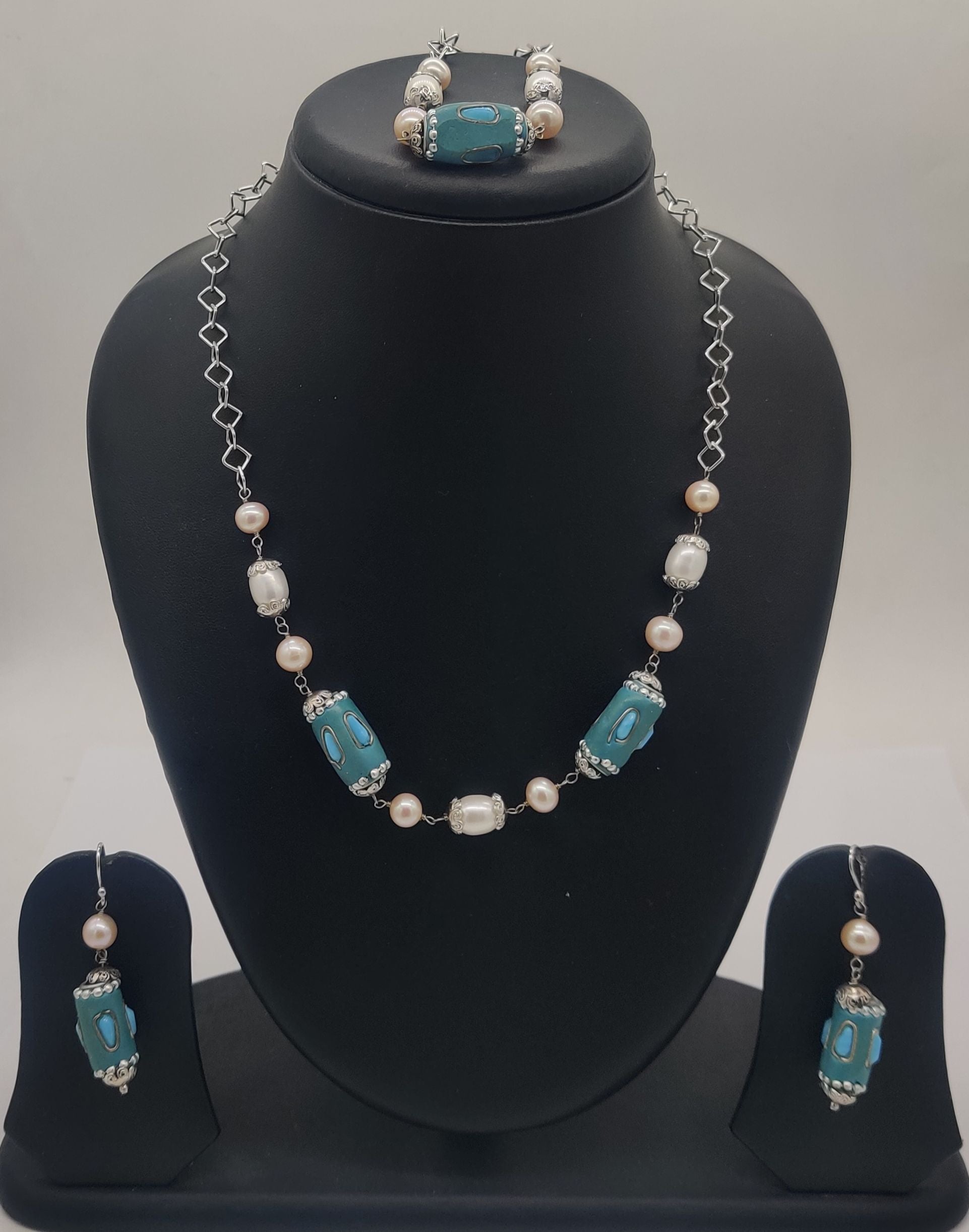 Teal Blossom Pearl Trio Jewelry Silver Necklace Set