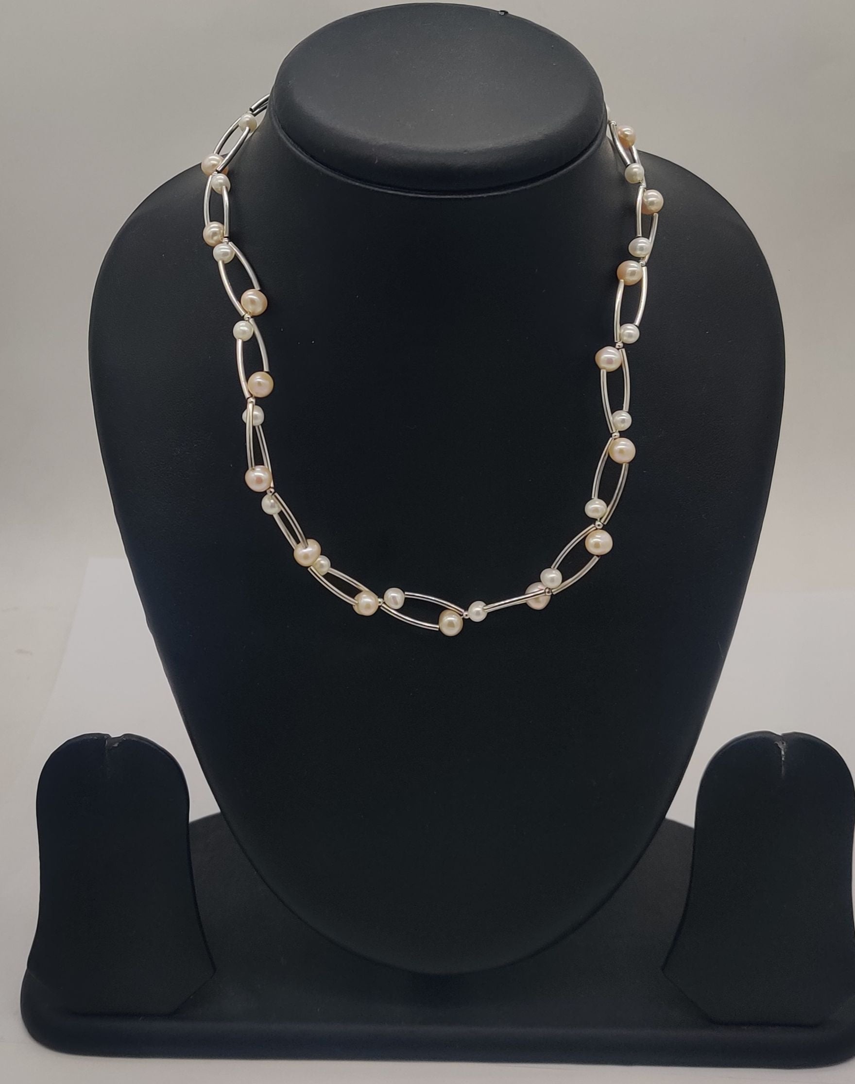 Natural Pearl Linear Link Silver Necklace