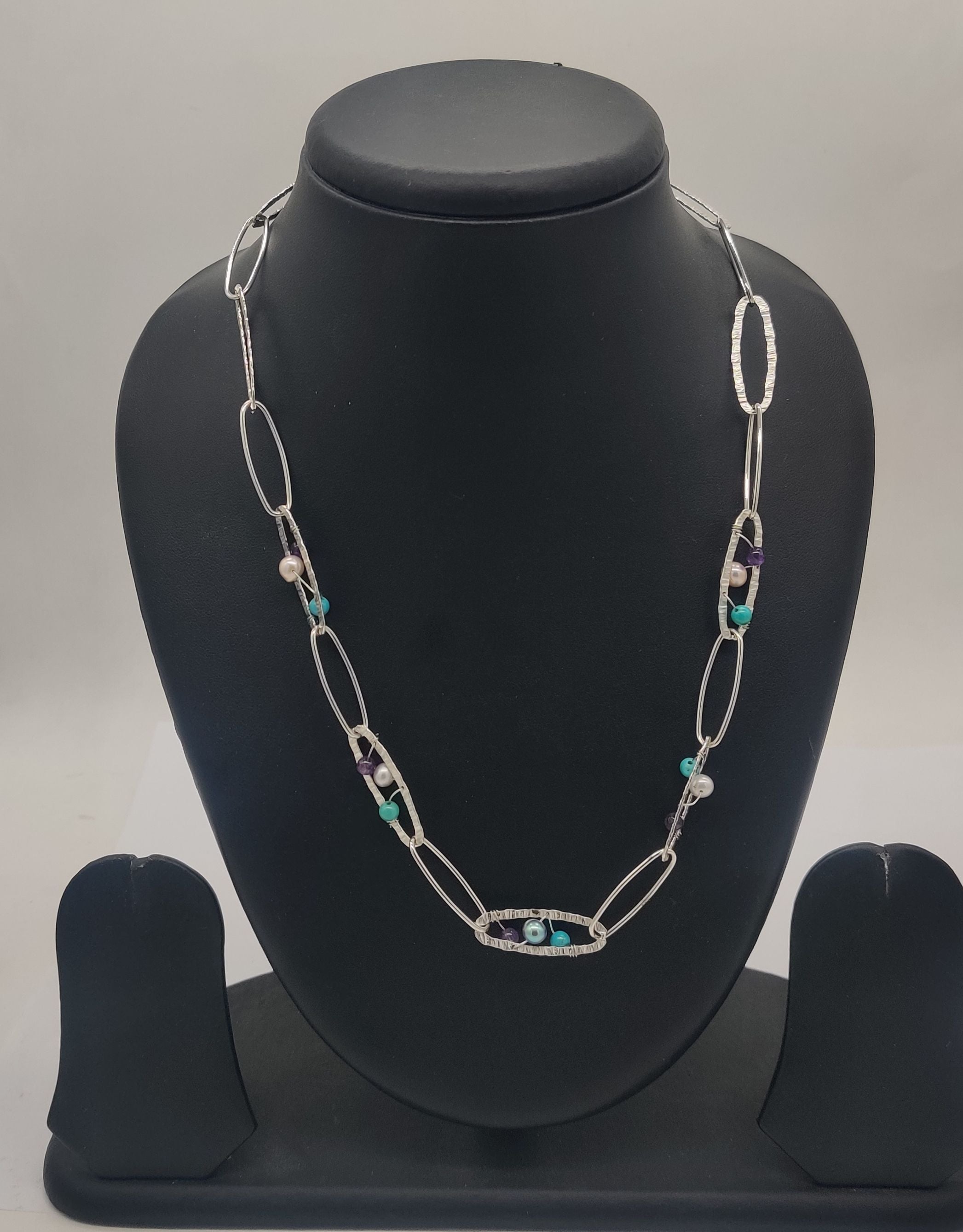 Color Drift Gem Link Long Pearls Silver Necklace
