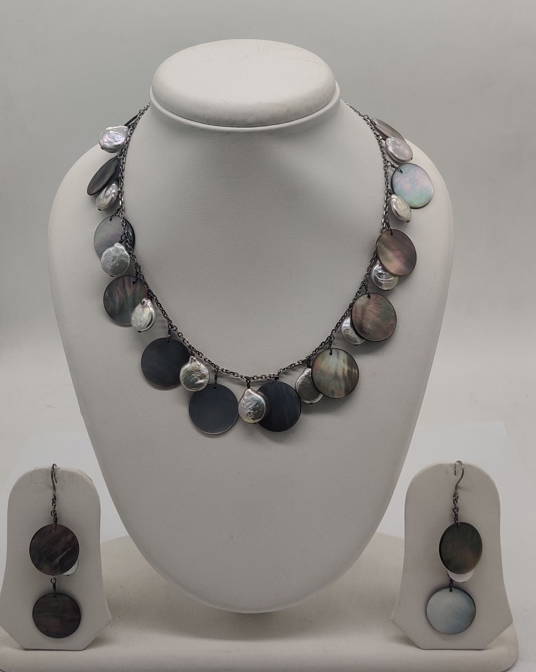 Moonlight Shell Disc Jewelry Pearls Silver Necklace Set