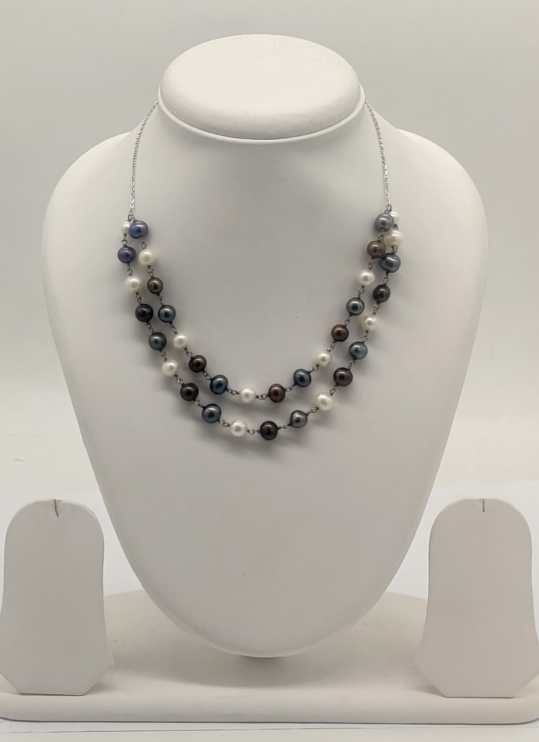 Monochrome Elegance Double Pearls Silver Necklace