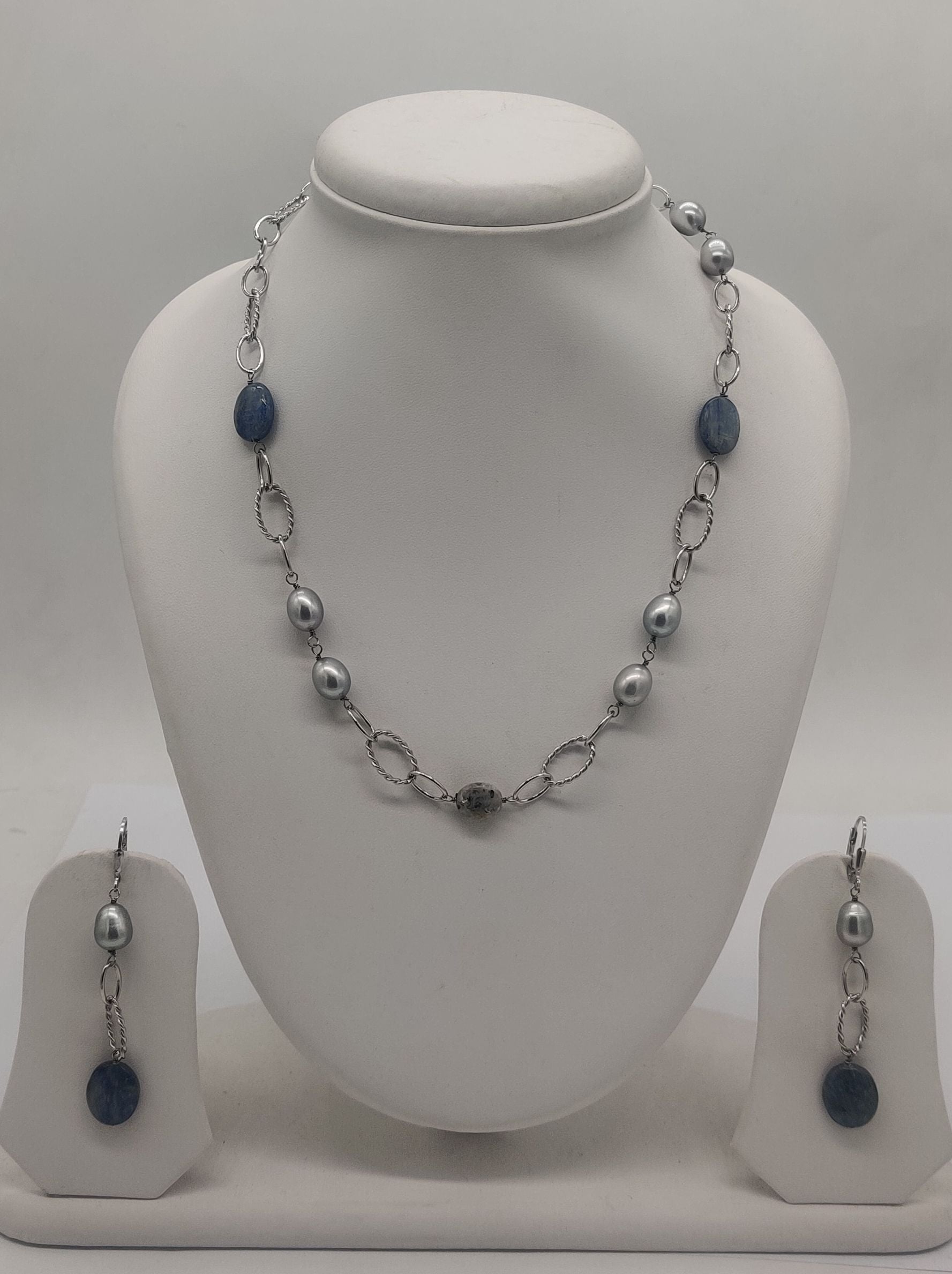 Ocean Grey Pearl & Blue Stone Silver Necklace Set