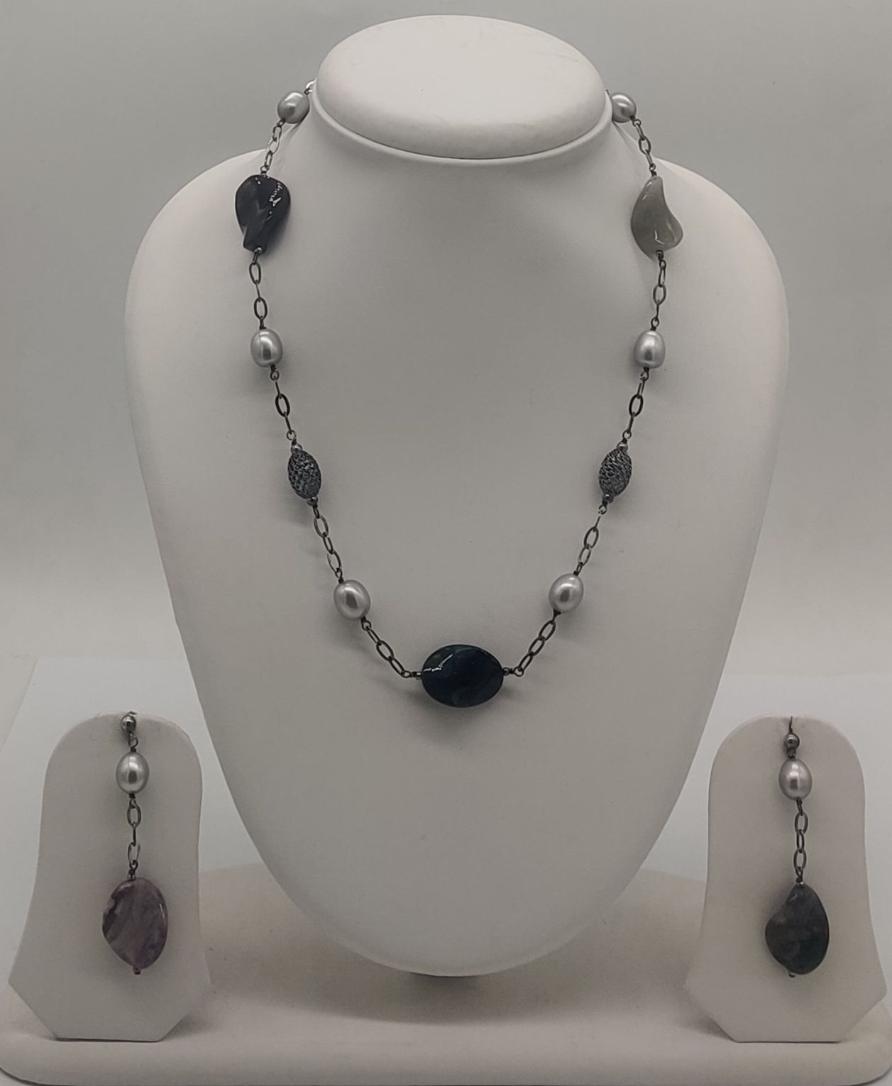 Obsidian Pearl Harmony Silver Necklace Set