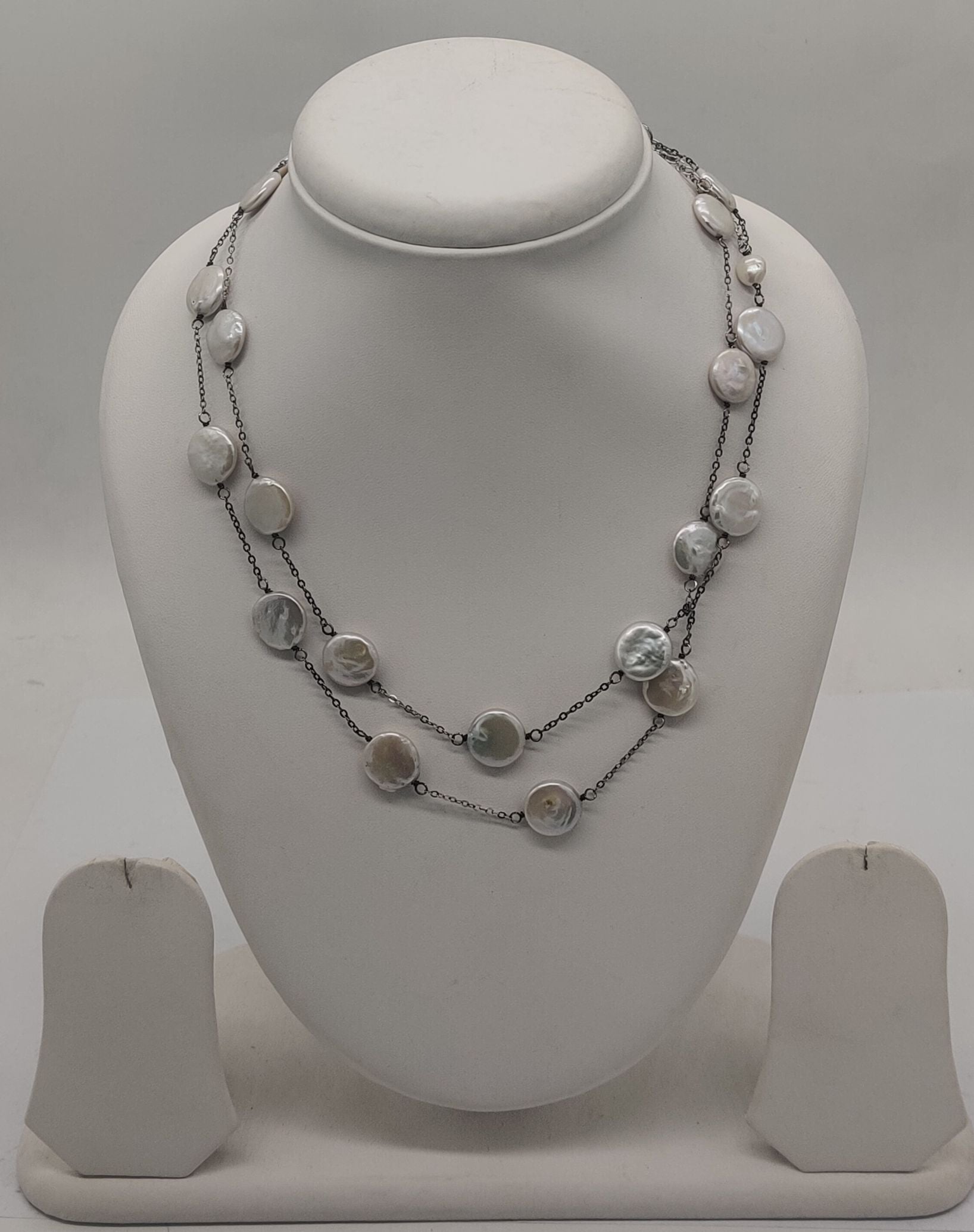 Coin Pearl Layers Silver Necklace