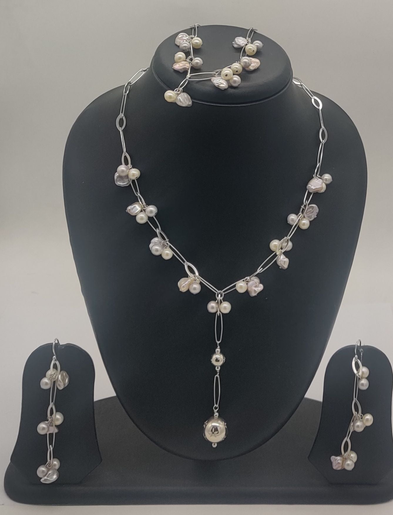 Freshwater Pearl Cascade Silver Necklace Set