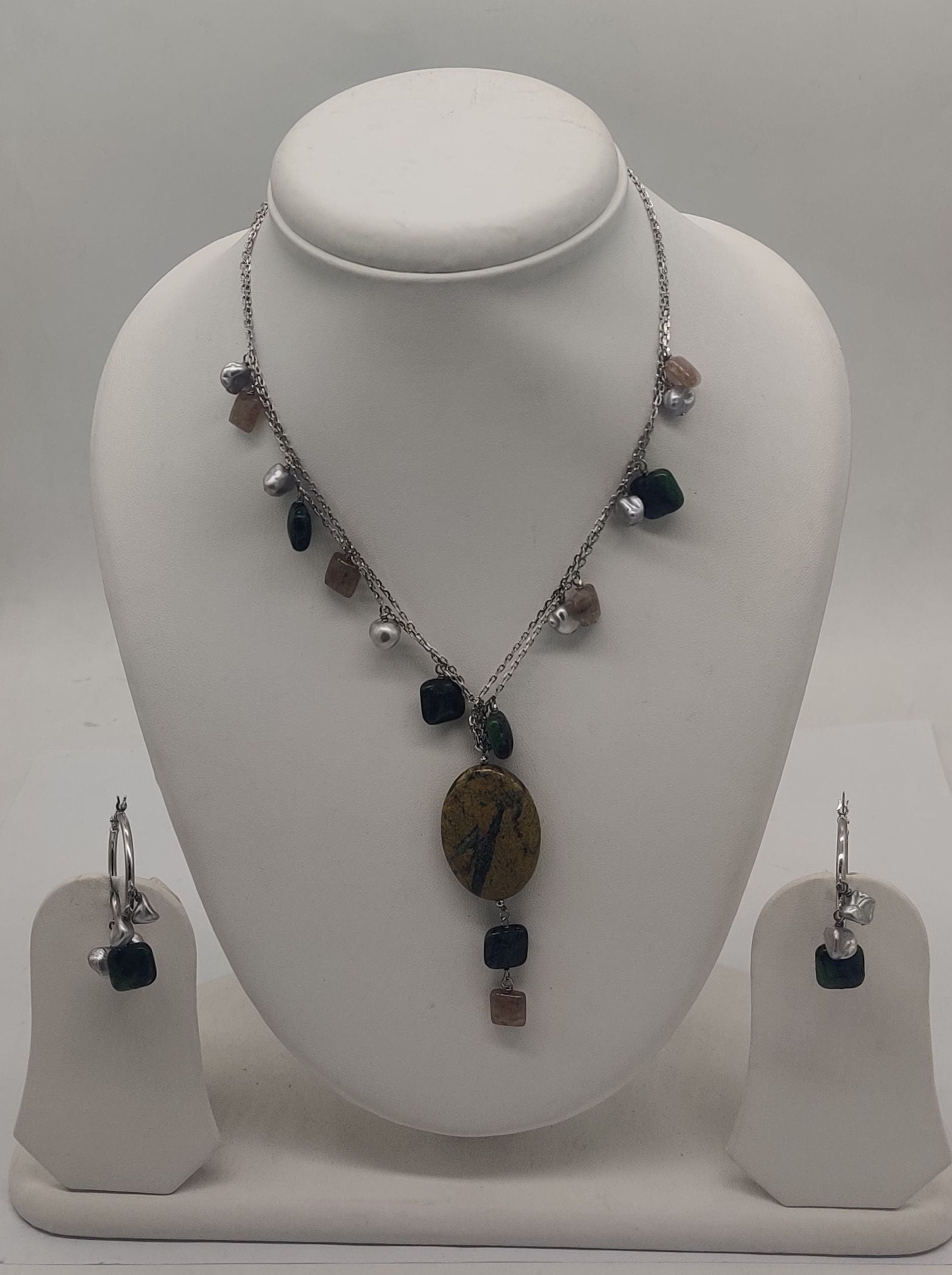 Boho Bead Harmony Pearls Silver Necklace Set