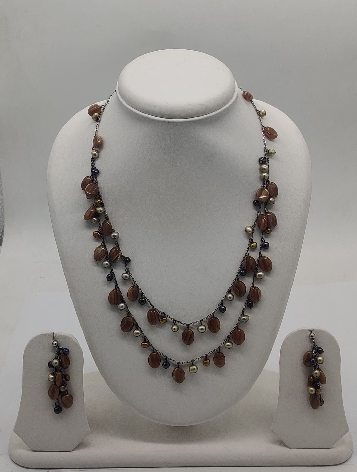 Mocha Cascade Bead Pearls Silver Necklace Set