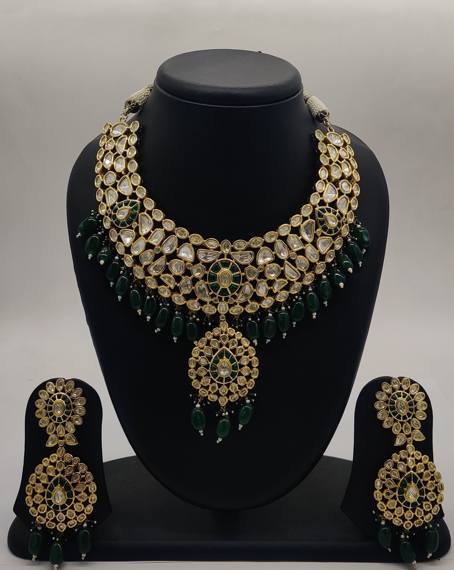Bridal Polki Jewellery Set with Green Beads