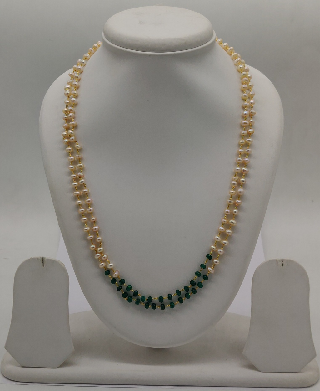 Emerald Cascade Double-Strand Freshwater Pearl Taar Mala with Green Faceted Beads