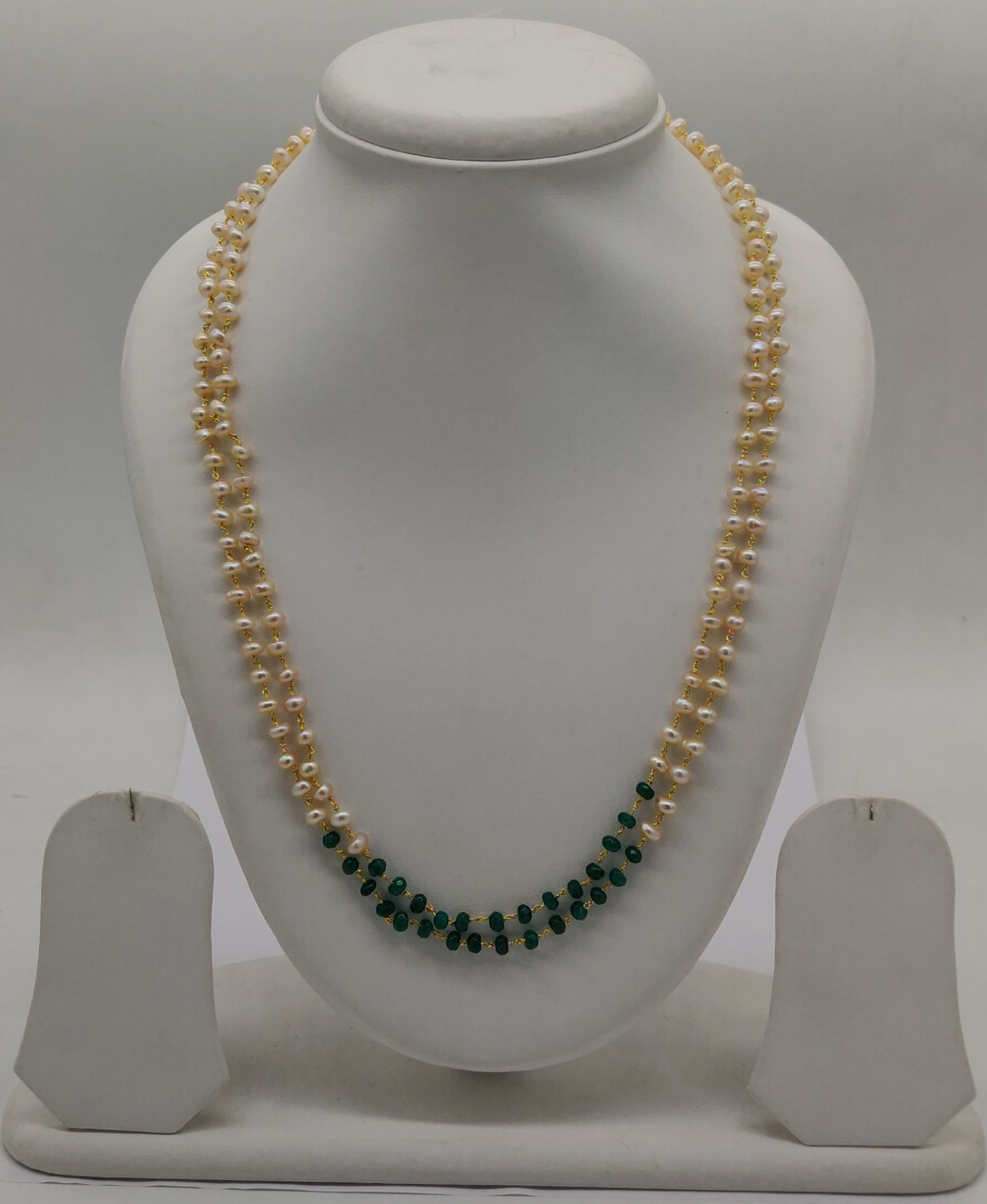 Emerald Cascade Double-Strand Freshwater Pearl Taar Mala with Green Faceted Beads