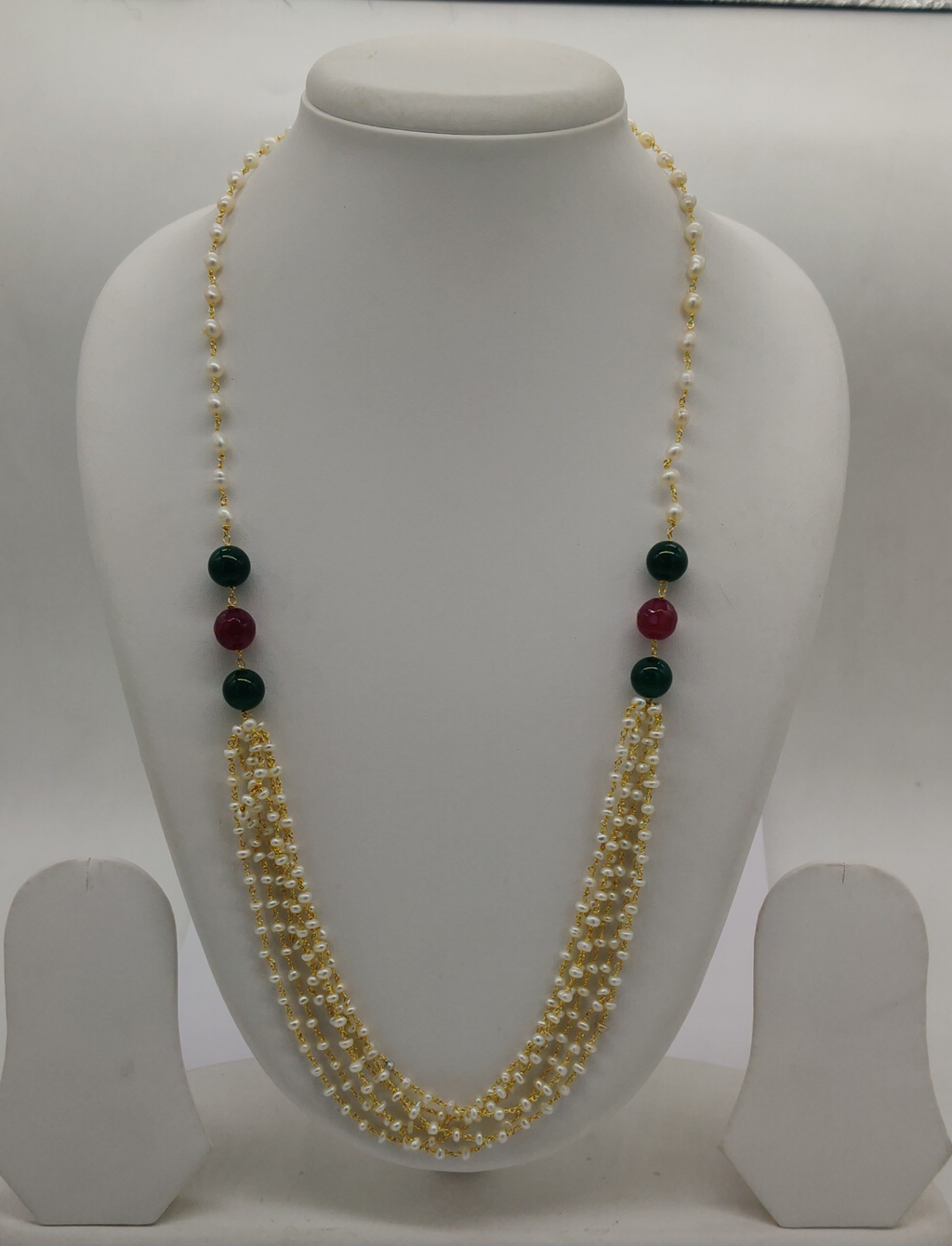 Heritage Ruby-Green Multi-Strand Freshwater Pearl Taar Mala with Green and Red Beads
