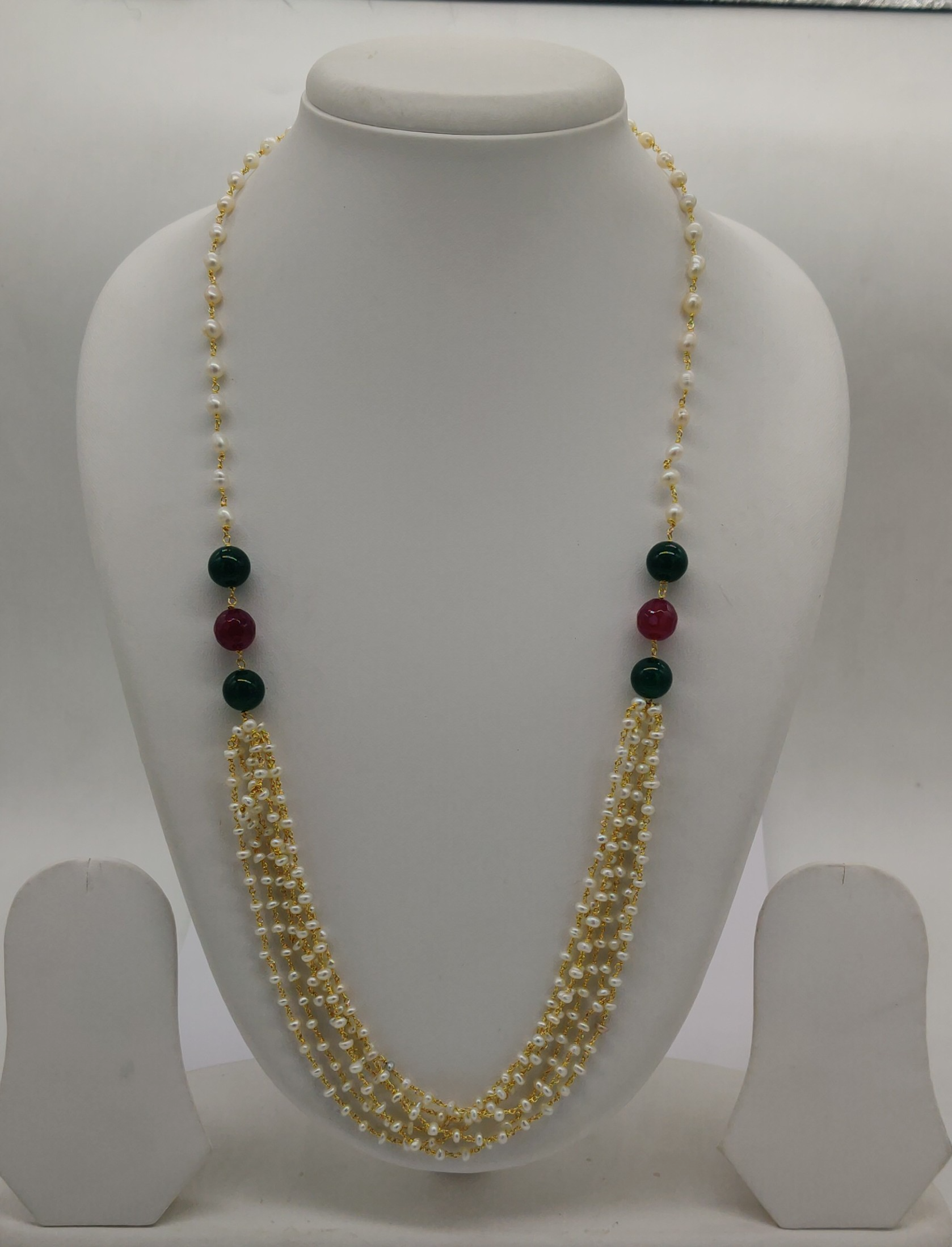 Heritage Ruby-Green Multi-Strand Freshwater Pearl Taar Mala with Green and Red Beads