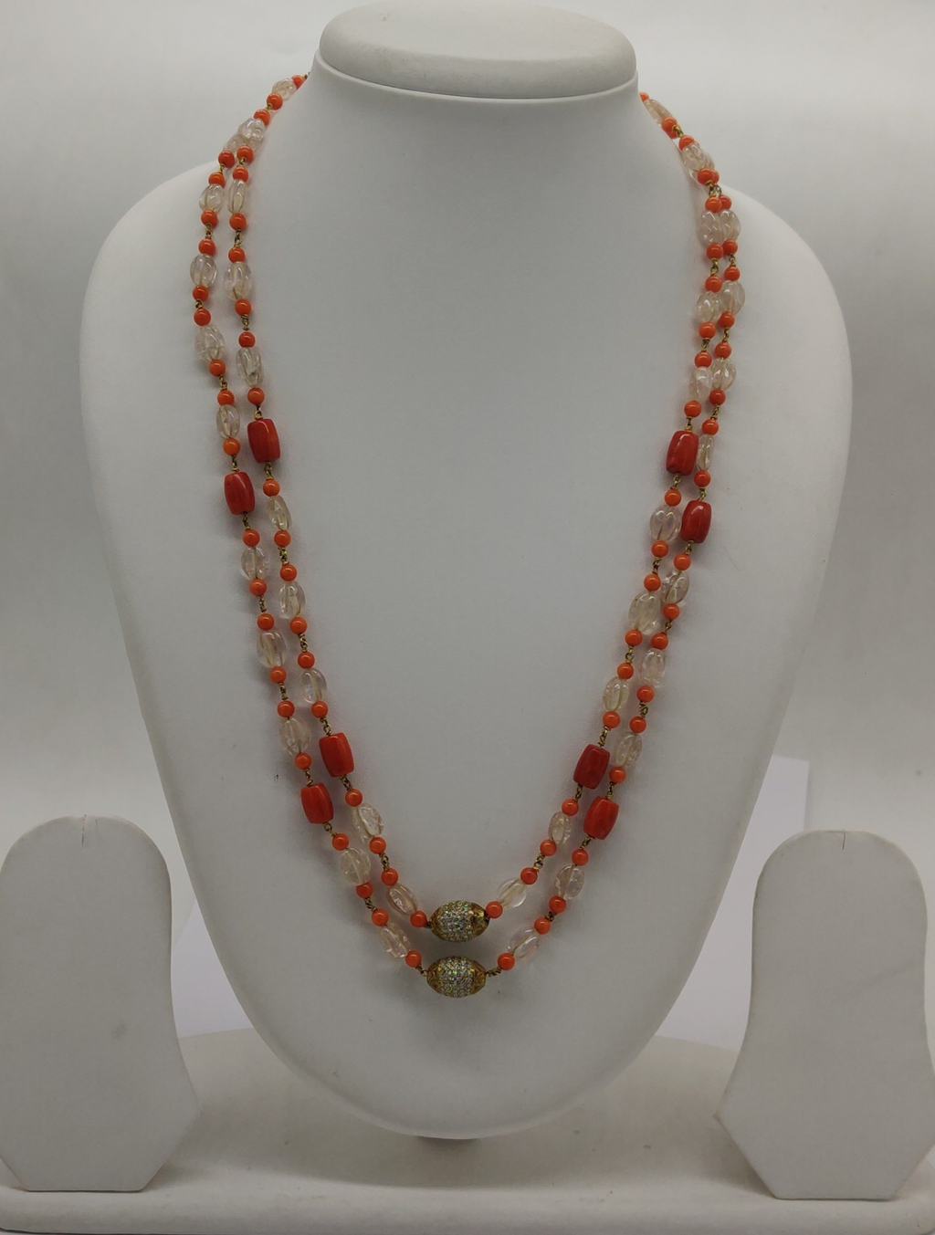 Royal Coral Crystal Double-Strand Taar Mala with Ornate Gold-Tone Centerpieces