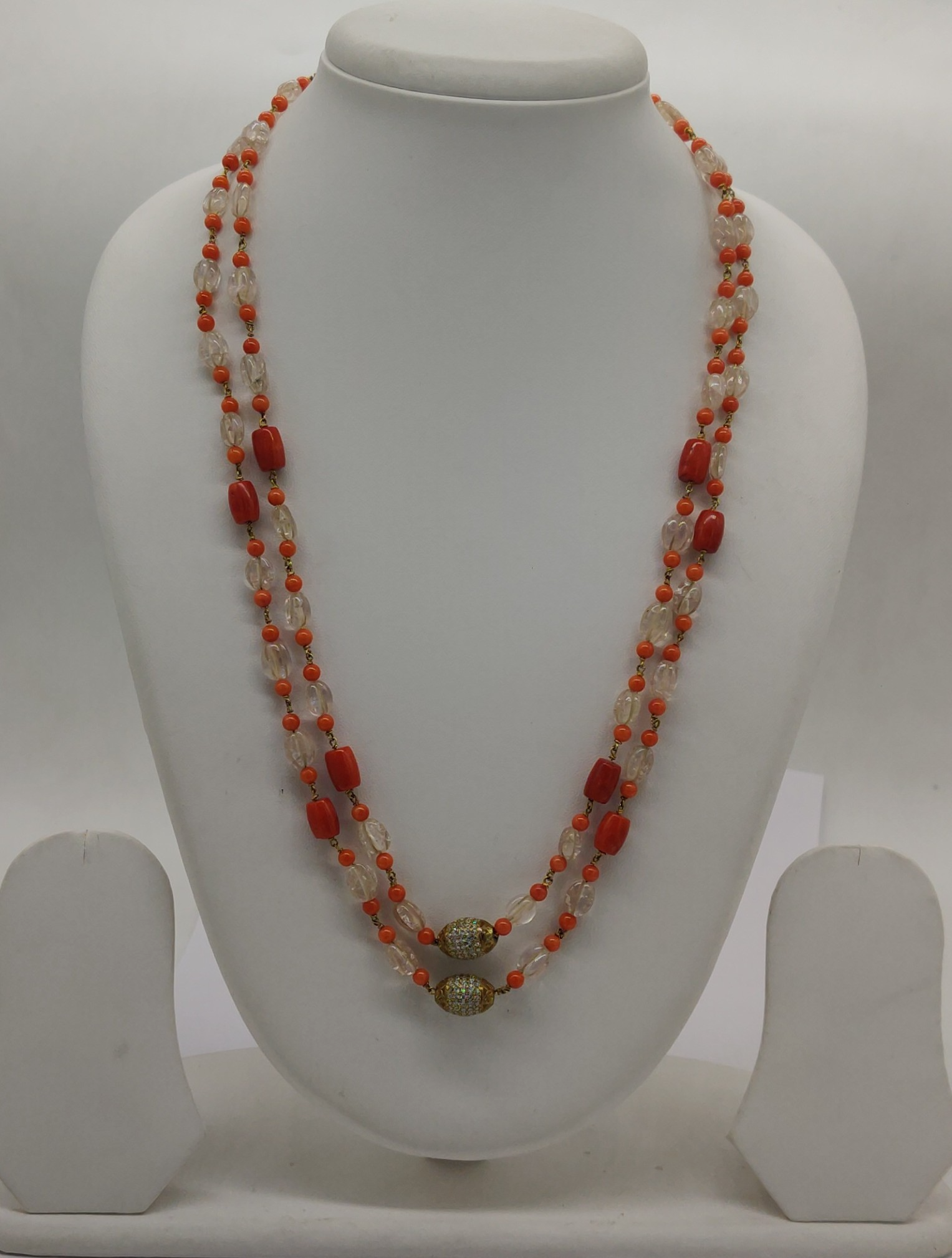 Royal Coral Crystal Double-Strand Taar Mala with Ornate Gold-Tone Centerpieces