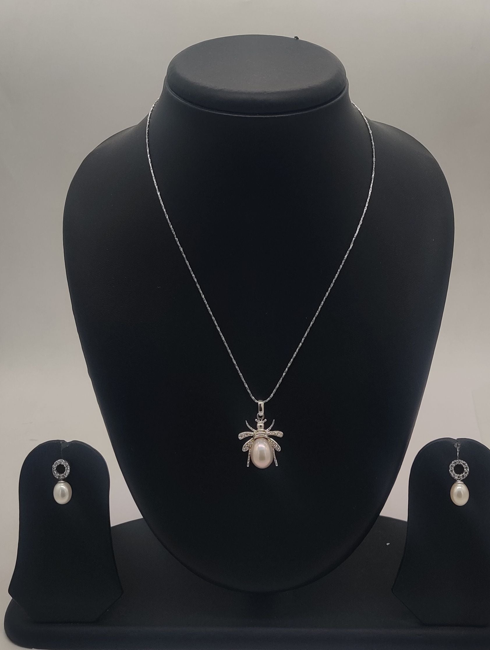 Pearl Insect Charm  Silver Pendent Set