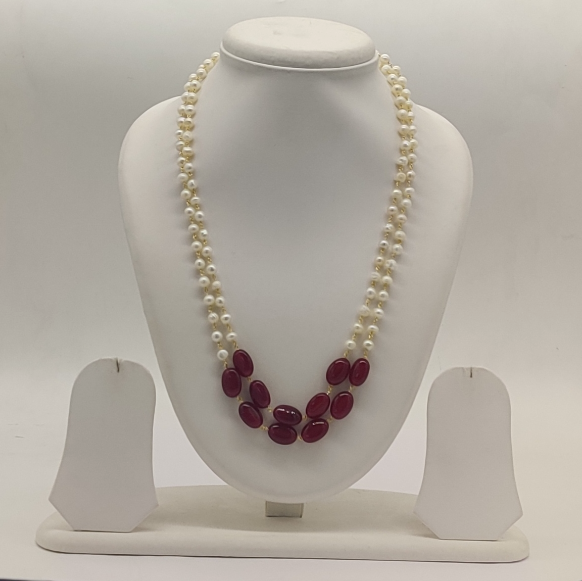 Crimson Royale Double-Strand Freshwater Pearl Taar Mala with Red Oval Stone Cluster