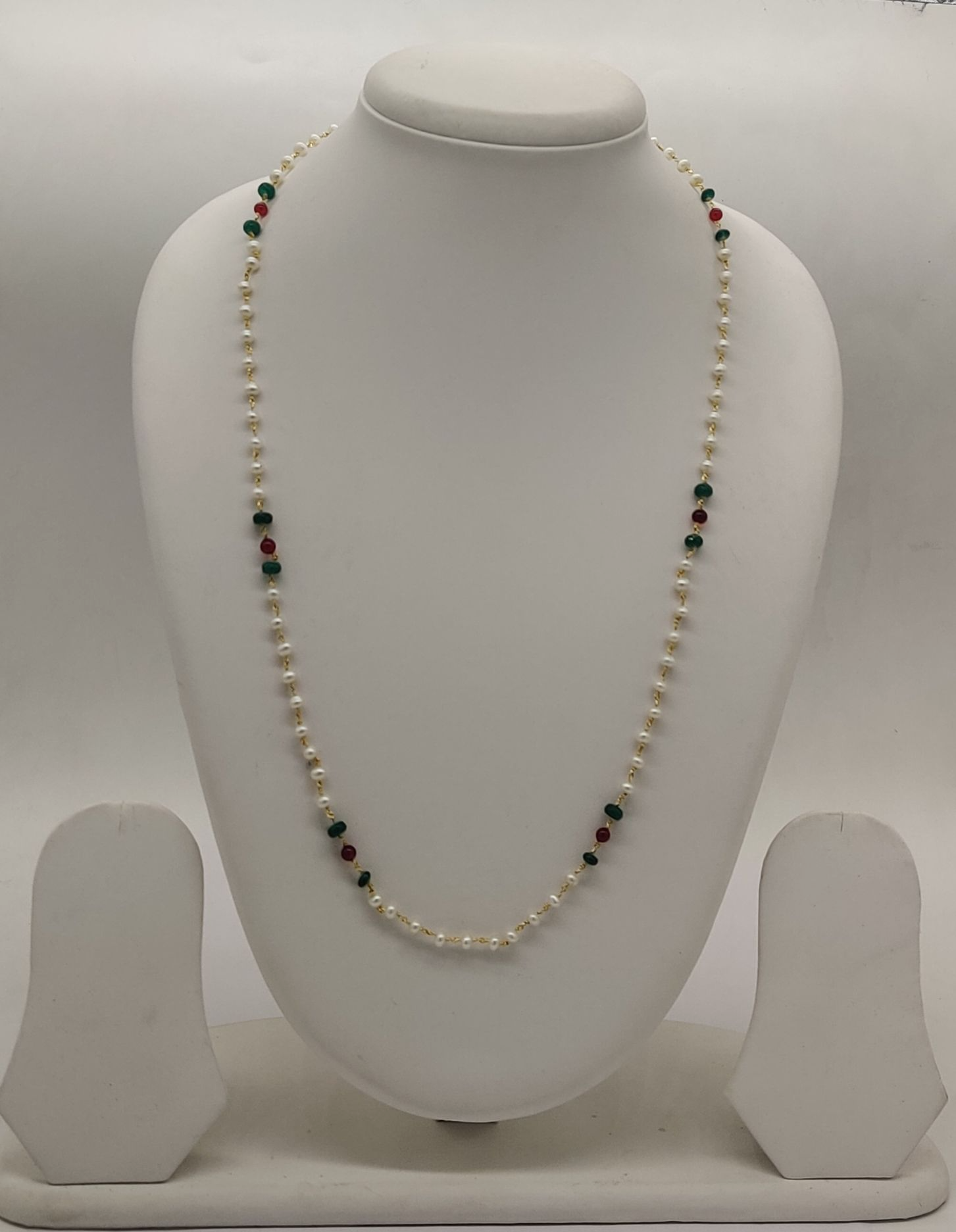 Festive Harmony Long Freshwater Pearl Taar Mala with Red and Green Bead Clusters