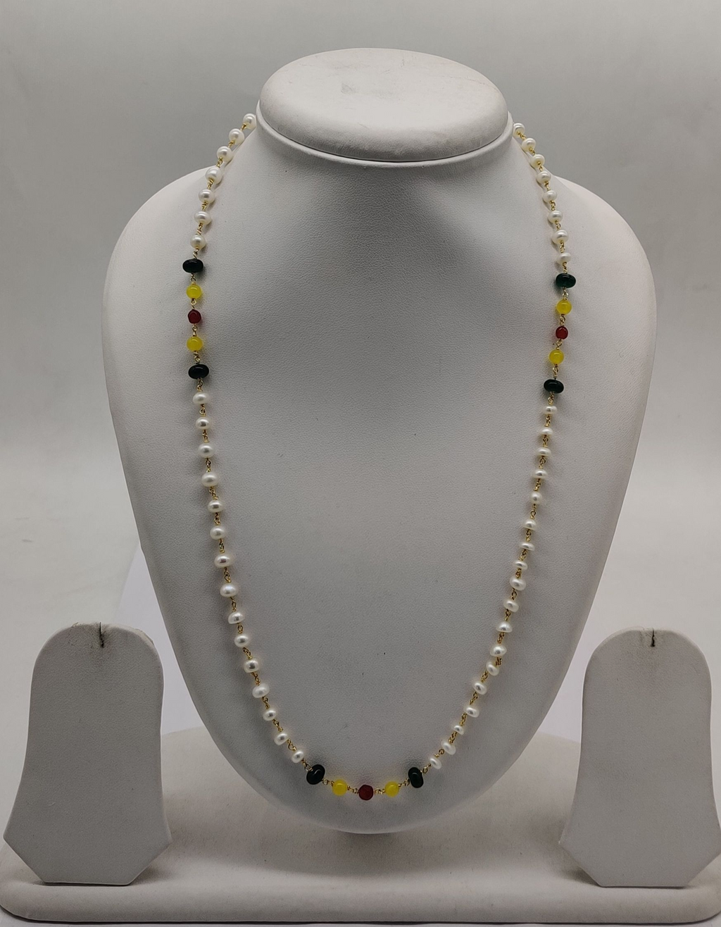 Long Freshwater Pearl Taar Mala with Red Yellow and Green Color Beads