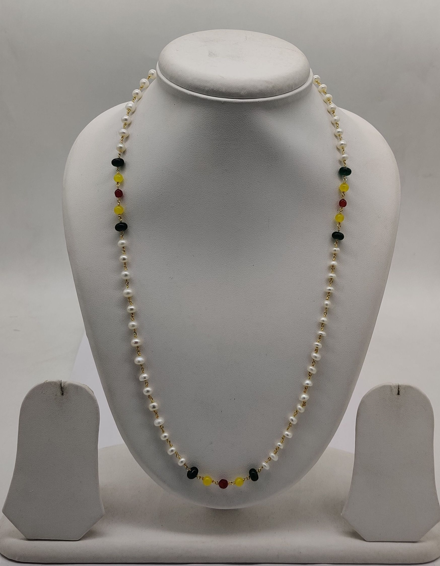 Long Freshwater Pearl Taar Mala with Red Yellow and Green Color Beads