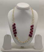 Two-Line White Freshwater Pearl Taar Mala with Deep Red Oval Beads