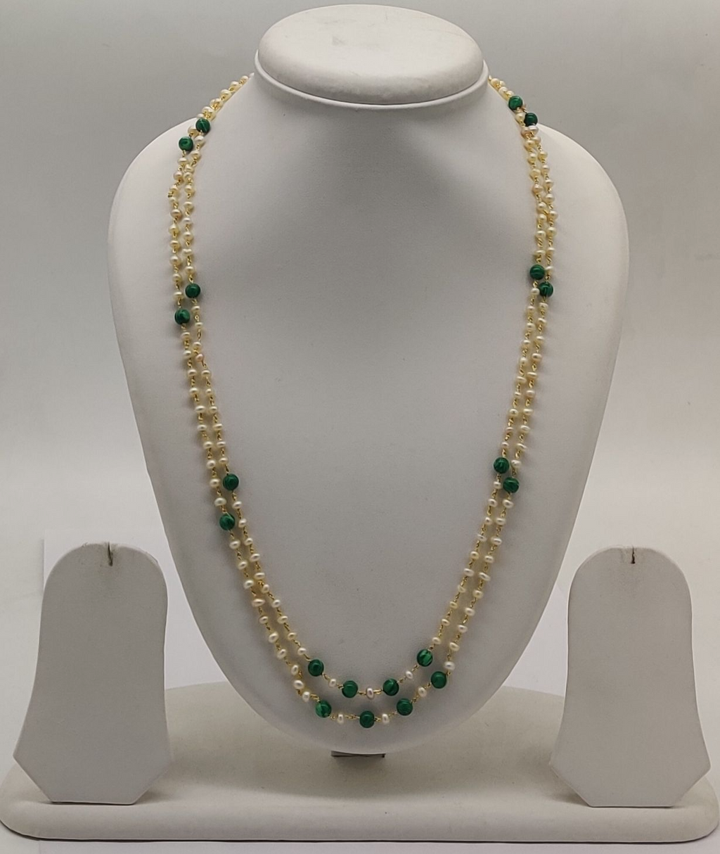 Two-Strand Off-White Freshwater Pearl Taar Mala with Green Beads