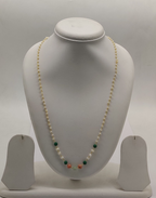 Single-Strand White Freshwater Pearl Taar Mala with Green and Orange Bead Cluster