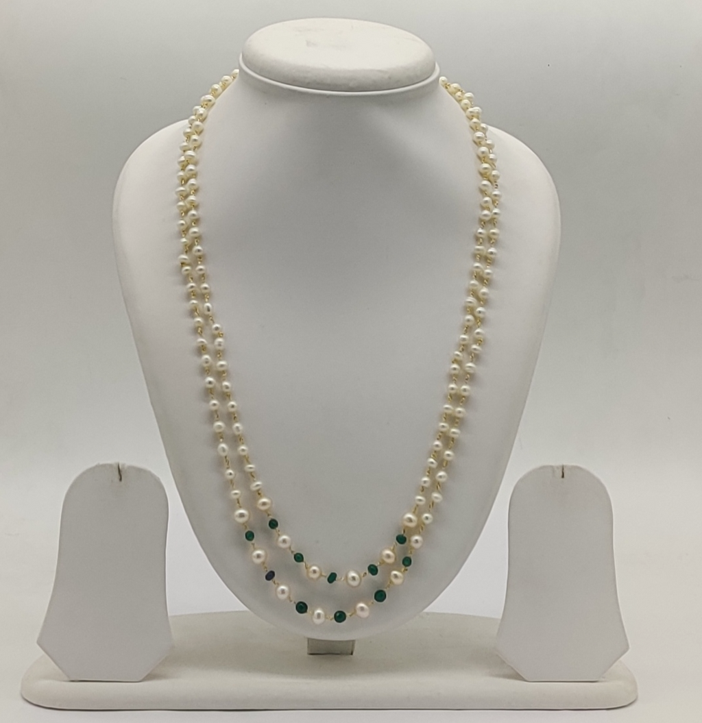 Two-Strand White Freshwater Pearl Taar Mala with Green Gemstone Beads