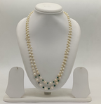 Two-Strand White Freshwater Pearl Taar Mala with Green Gemstone Beads
