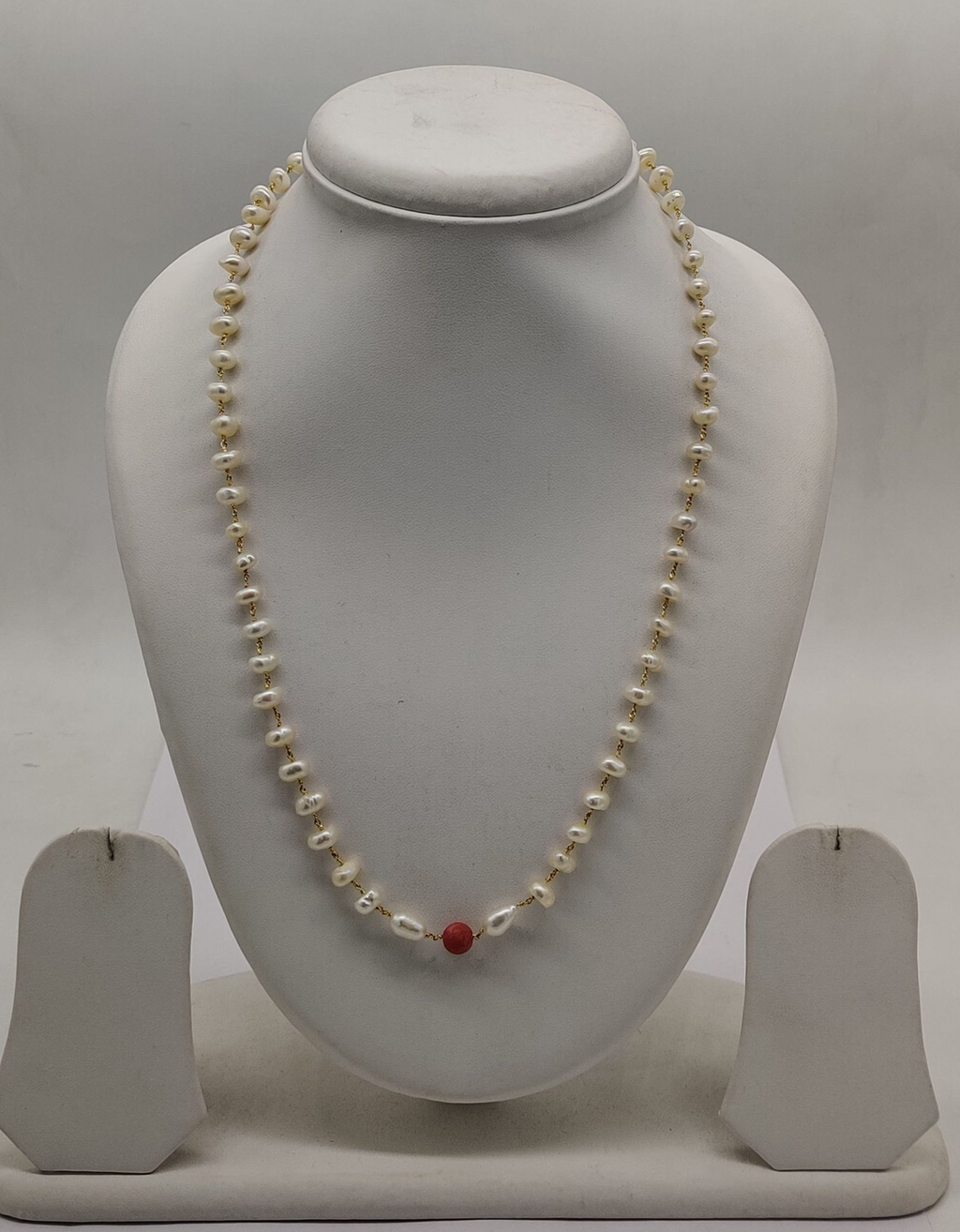 Long Freshwater Pearl Taar Mala with Red Coral Center Bead