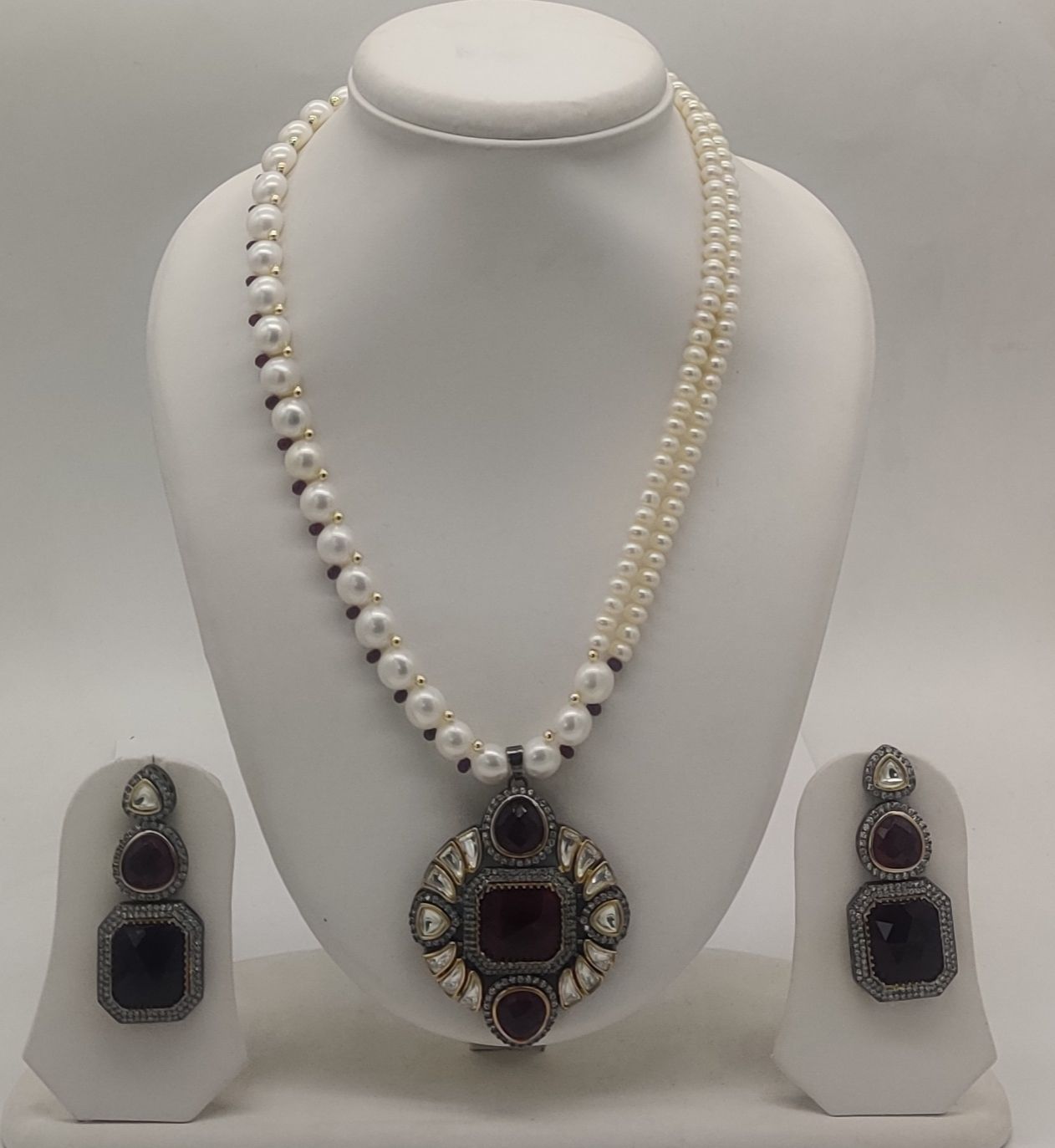 Royal Maroon temple two-line freshwater pearl pendent set