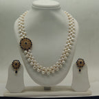 Double-Strand Freshwater Pearl Broach Set with Sapphire Blue Side Medallion and Matching Earrings