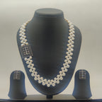 Crystal Crest Double-Strand Pearl Broach Set with Structured Square Medallion and Matching Earrings