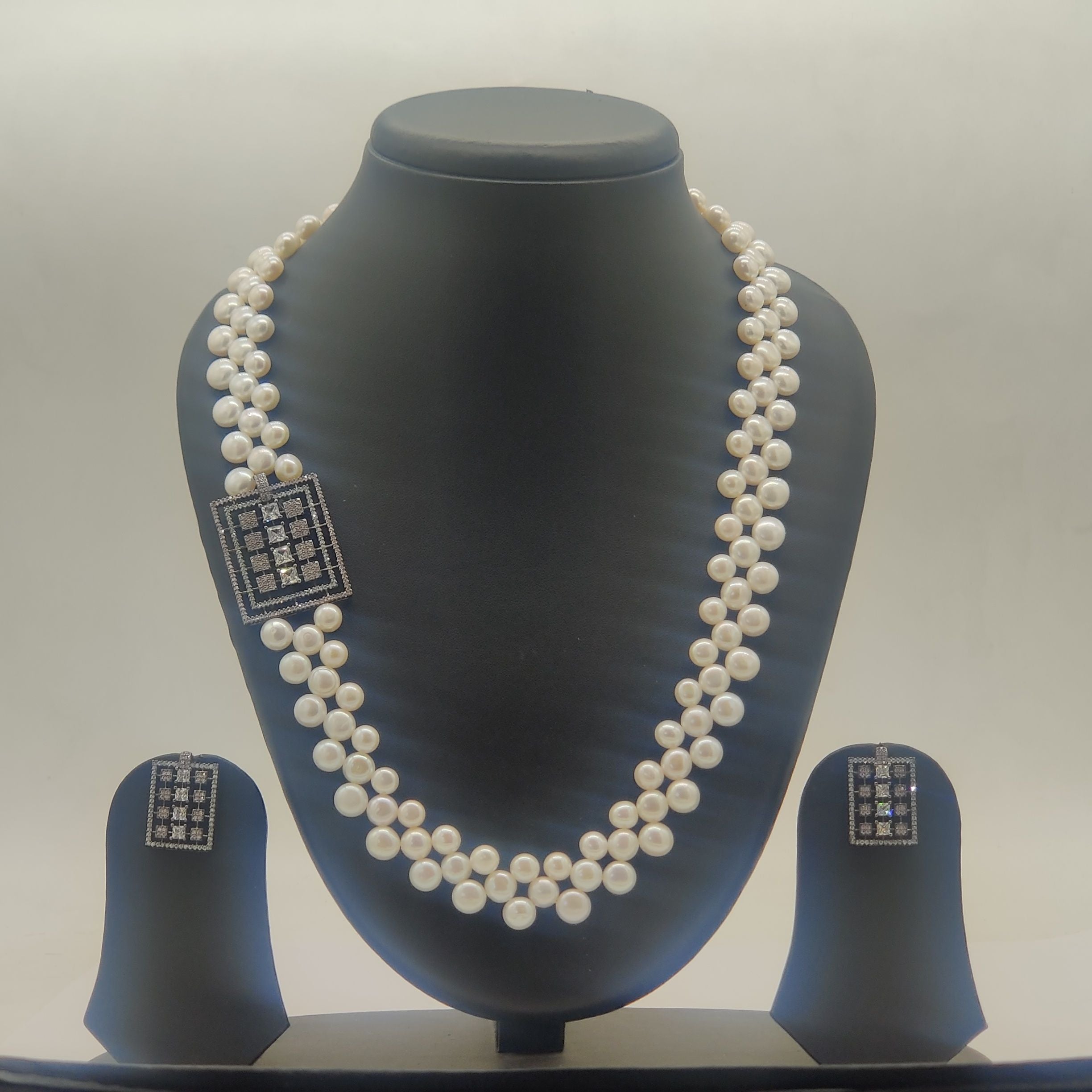 Crystal Crest Double-Strand Pearl Broach Set with Structured Square Medallion and Matching Earrings