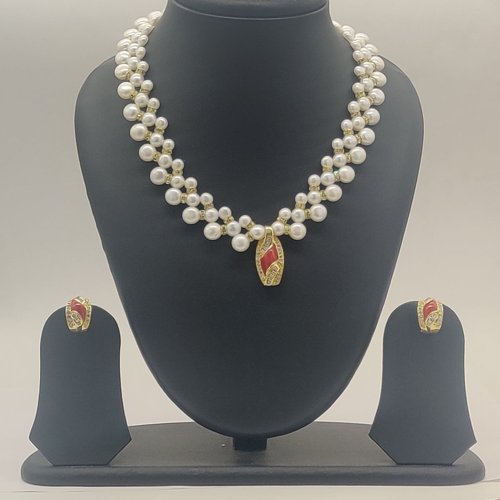 Majestic crimson freshwater pearl double-strand pendant set with red and gold centerpiece and matching earrings