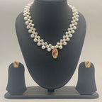 Majestic crimson freshwater pearl double-strand pendant set with red and gold centerpiece and matching earrings