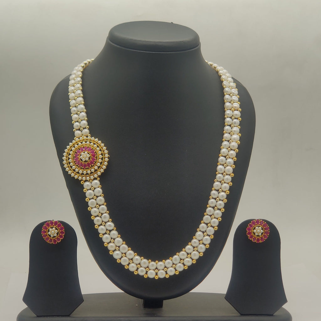 Royal Ruby Halo Two-Strand Freshwater Pearl Broach Set with Red Stone Pendant and Matching Stud Earrings