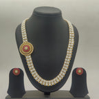 Royal Ruby Halo Two-Strand Freshwater Pearl Broach Set with Red Stone Pendant and Matching Stud Earrings