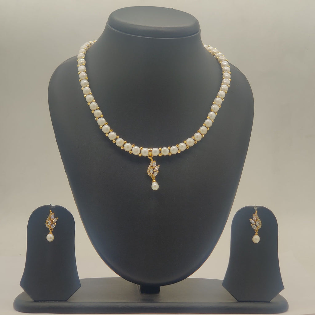 Leaf motif freshwater pearls pendant set with CZ accents and drop earrings for women