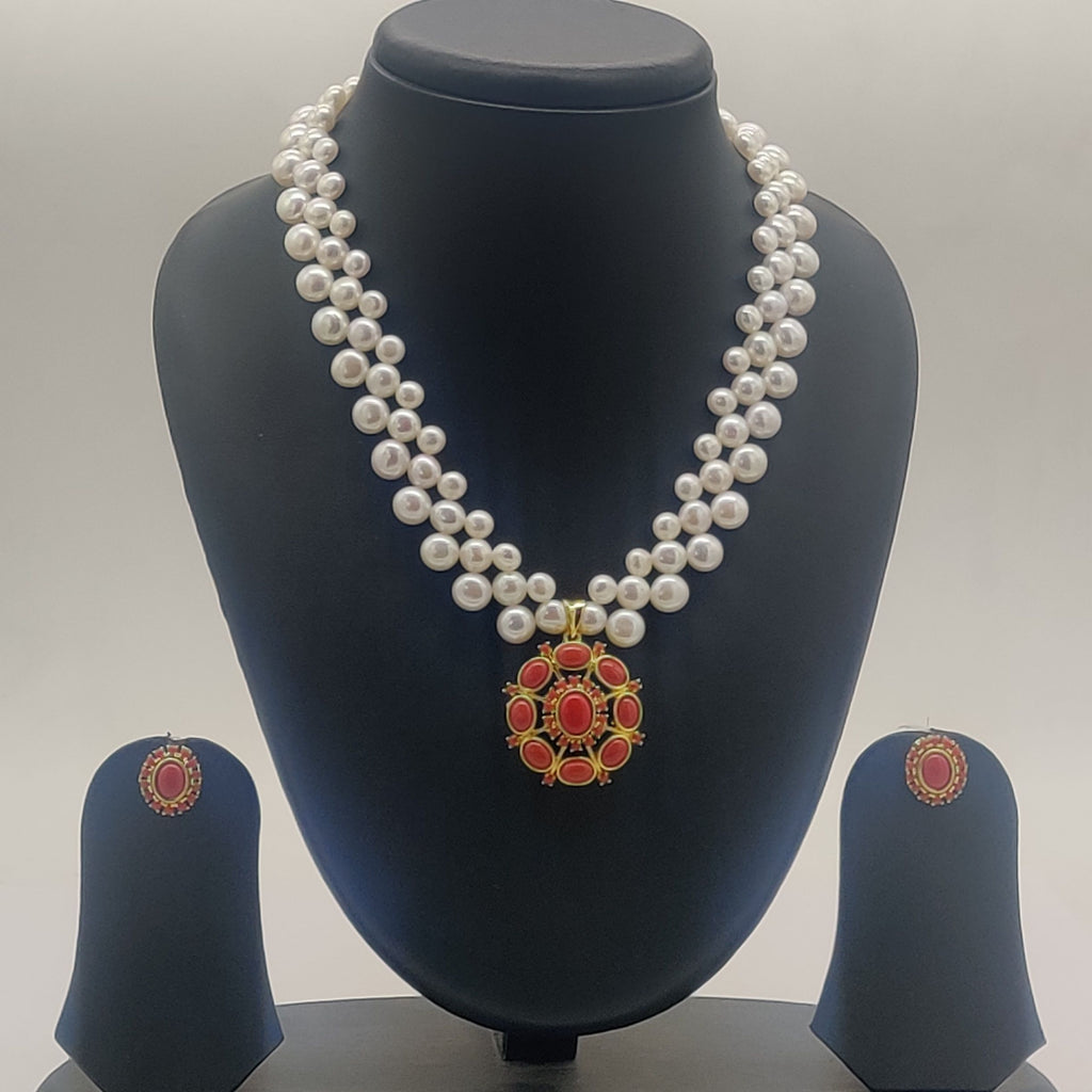 Coral majesty freshwater pearl double-strand pendant set with red coral centerpiece and matching earrings