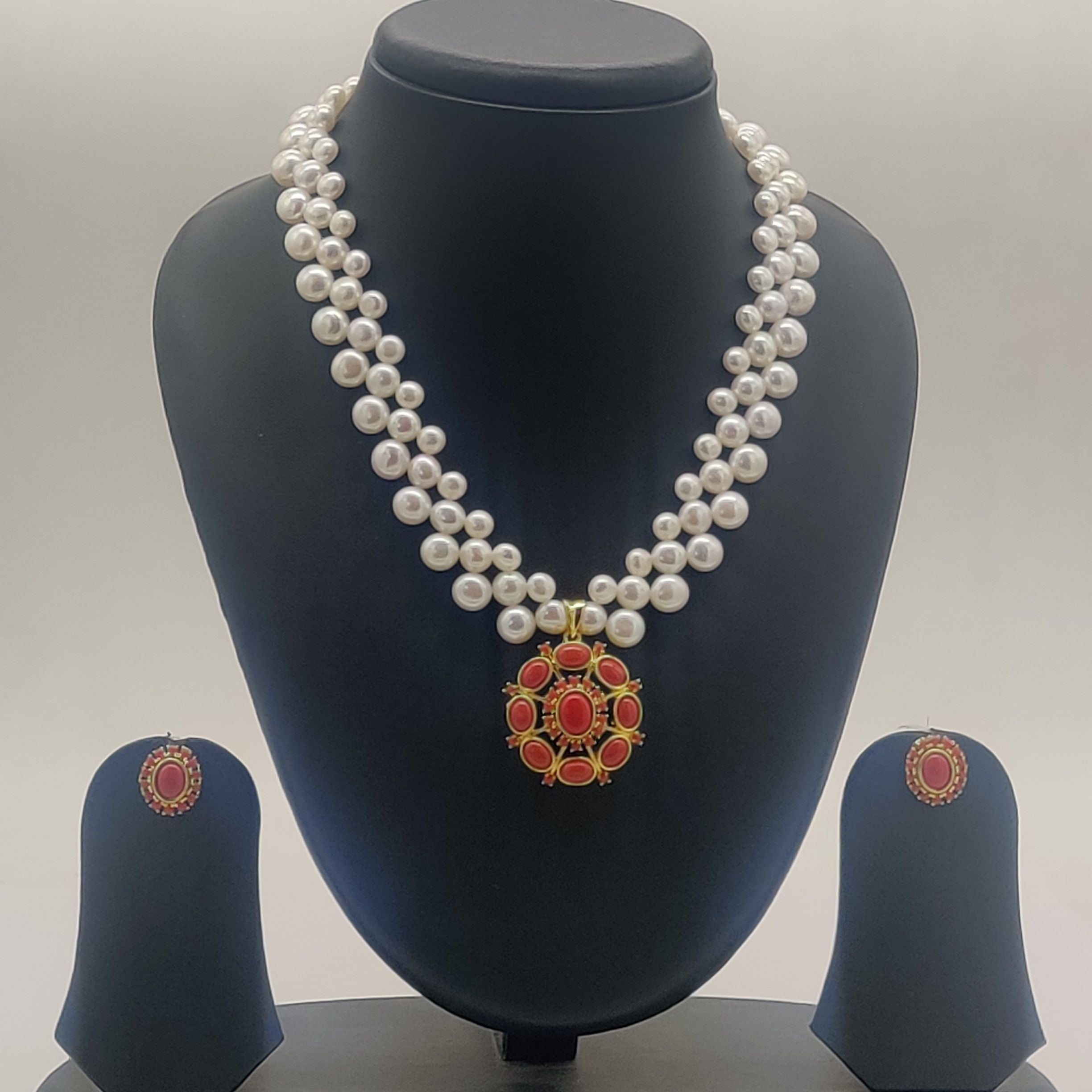 Coral majesty freshwater pearl double-strand pendant set with red coral centerpiece and matching earrings