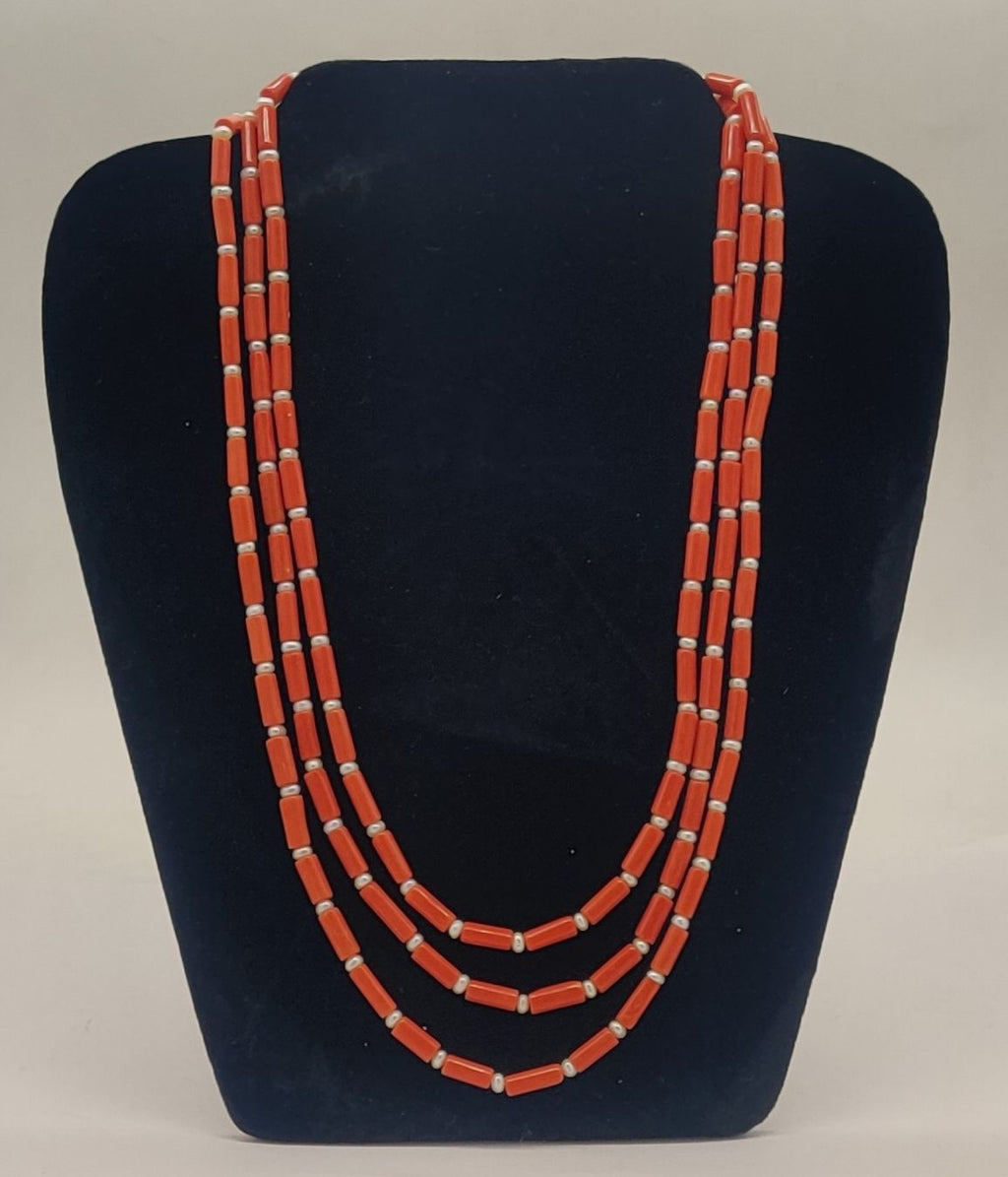 Scarlet Alloy � Red Cylindrical Beads & Silver Spacers Necklace