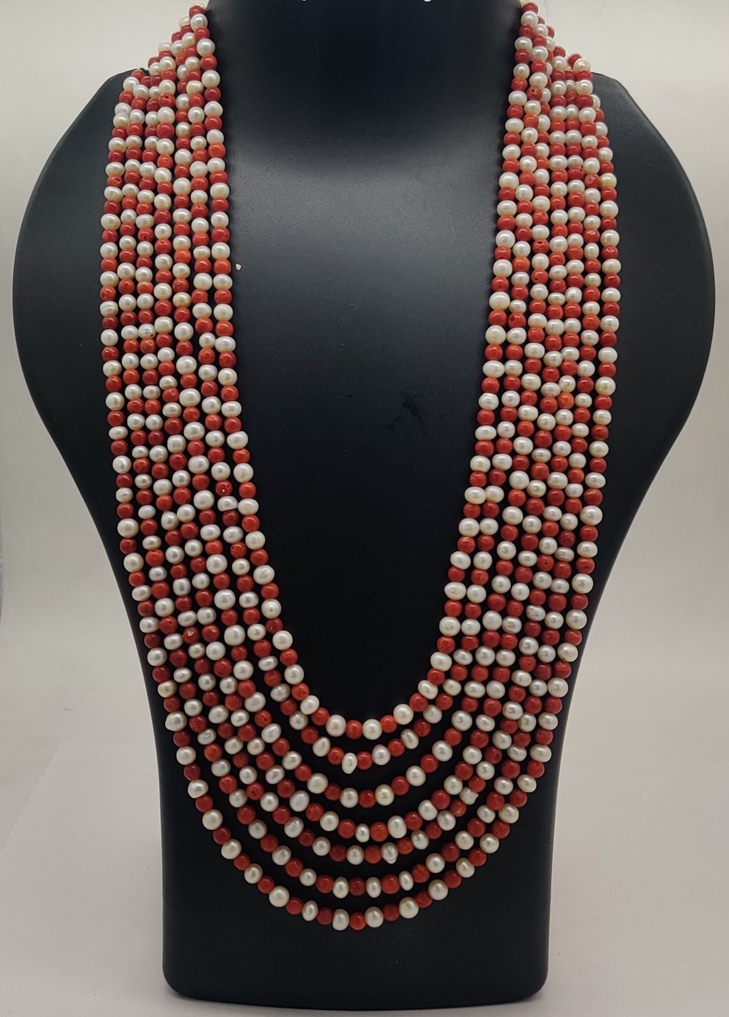 Coral Pearl Melody � Multi-Strand Necklace with Red Coral and White Pearls