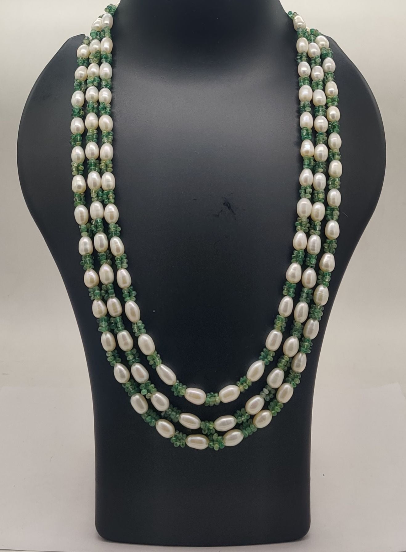 Pearl Garden Harmony � Triple-Strand Pearl & Green Bead Necklace