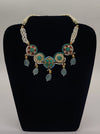 Turaniya Regal 925 oxidized silver choker necklace with red turquoise enamel white freshwater pearls and light green stones